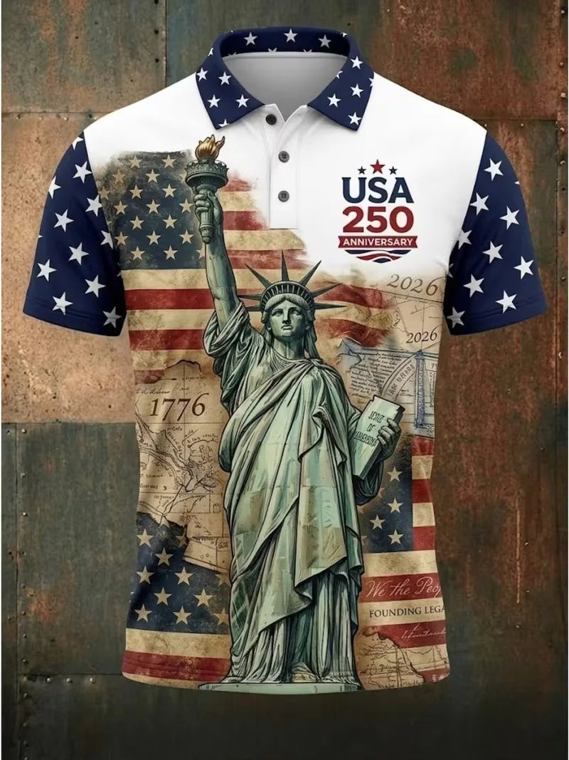 American Flag Printed Short Sleeved T-shirt Statue of Liberty Unisex Summer Personalized Trendy Loose Casual Top