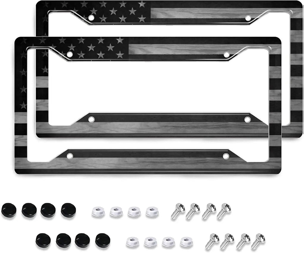 American Flag License Plate Frames Retro Patriotic USA Black White Stars and Stripes Flag Aluminum Holder Cover 2 Pack Car Tags