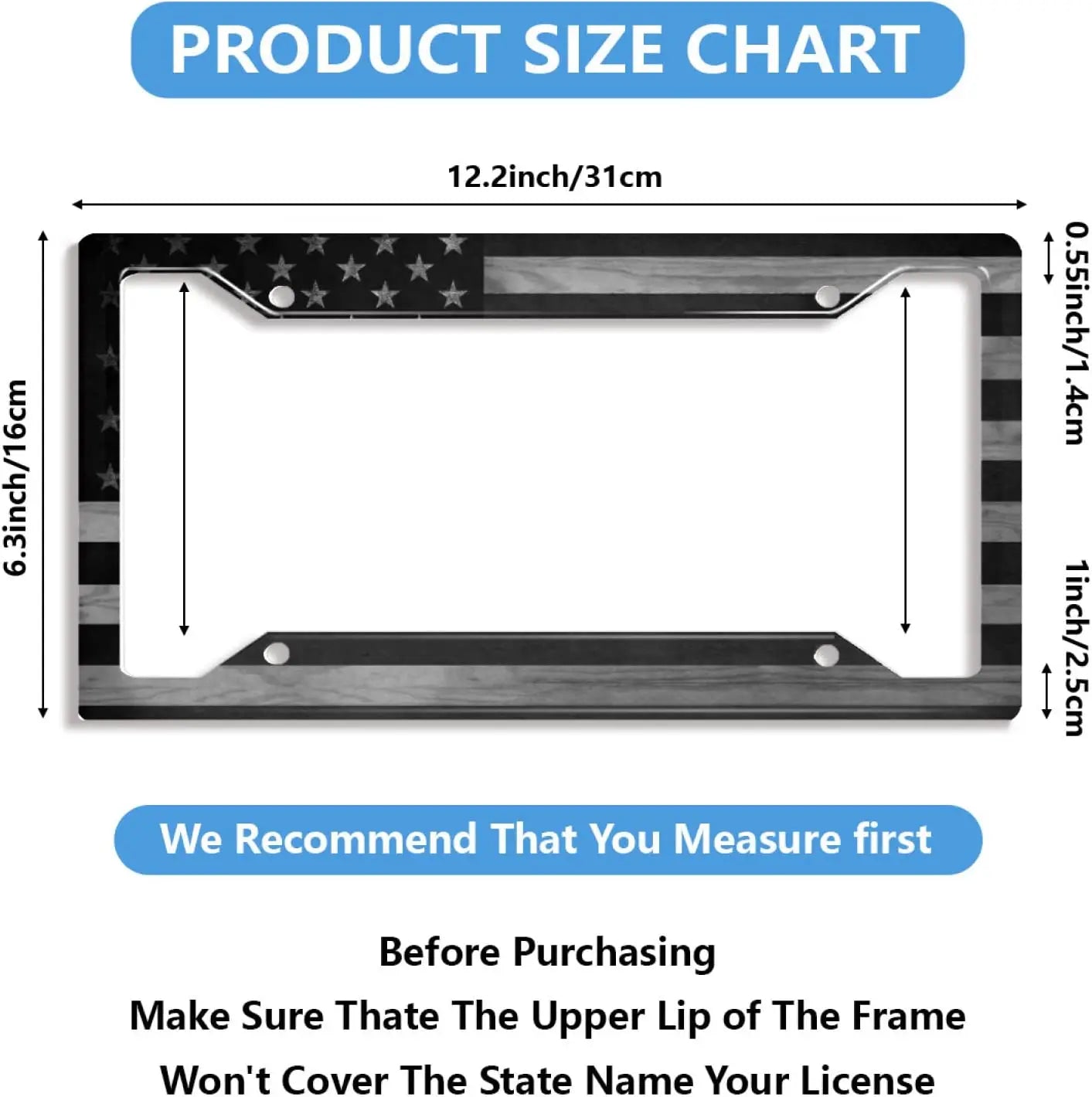 American Flag License Plate Frames Retro Patriotic USA Black White Stars and Stripes Flag Aluminum Holder Cover 2 Pack Car Tags