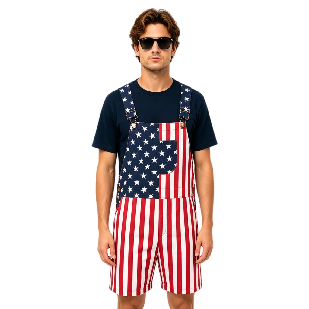 American Flag Printed Bib Overalls Shorts Men Women 4th of July Casual Loose Suspender Pants Streetwear Summer Jumpsuit