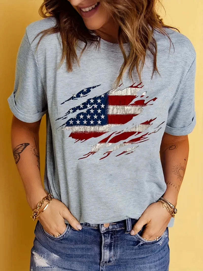 American Flag Print T-Shirt, Independence Day Short Sleeve Crew Neck Casual Top For Summer & Spring, Women's Clothing