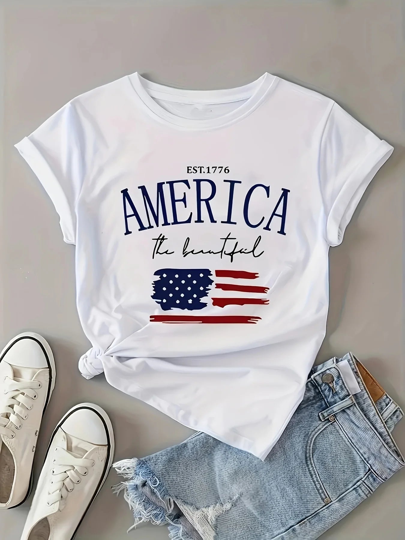 American Flag Graphic T-Shirt American Flag "America The Beautiful" Graphic T-Shirt In White Relaxed Crew Neck Short Sleeves