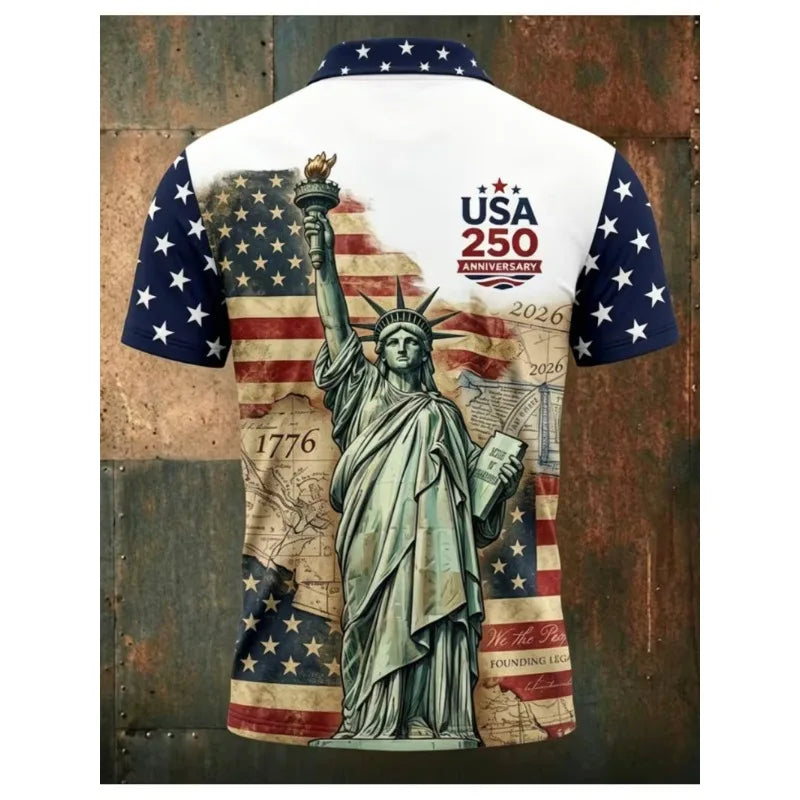 American Flag Printed Short Sleeved T-shirt Statue of Liberty Unisex Summer Personalized Trendy Loose Casual Top