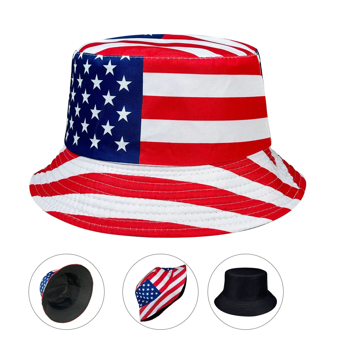 Patriotic American Flag Bucket Hat, Reversible, Casual Style, Foldable, Suitable for Independence Day and Everyday Use, Stylish Design with Stars and Stripes.