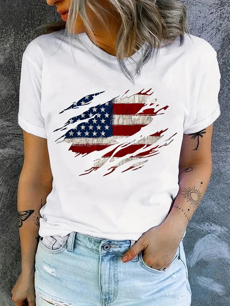 American Flag Print T-Shirt, Independence Day Short Sleeve Crew Neck Casual Top For Summer & Spring, Women's Clothing