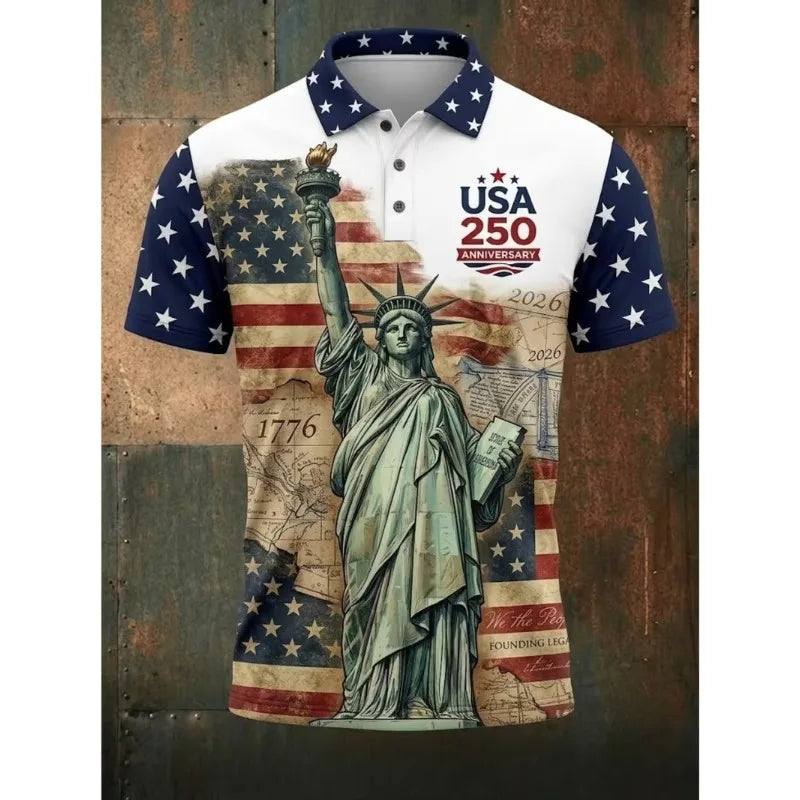 American Flag Printed Short Sleeved T-shirt Statue of Liberty Unisex Summer Personalized Trendy Loose Casual Top